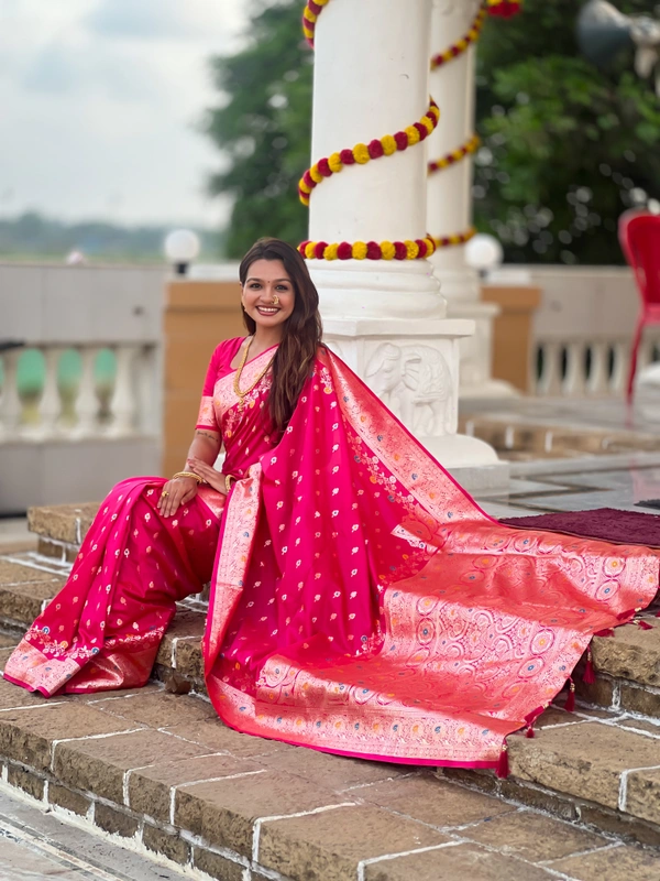 PAITHANI_HOUSE267 New Luxury Banarasi Soft Silk Saree with Rich Meenakari Pallu & Weaving Borde-BANARASI - 7 - RANI PINK