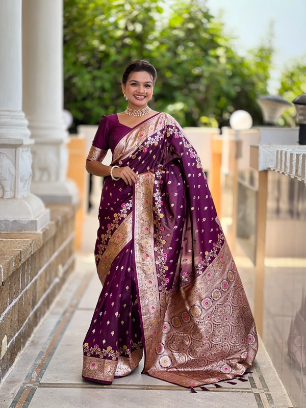 PAITHANI_HOUSE268 New Luxury Banarasi Soft Silk Saree with Rich Meenakari Pallu & Weaving Borde-BANARASI - 7 - WINE