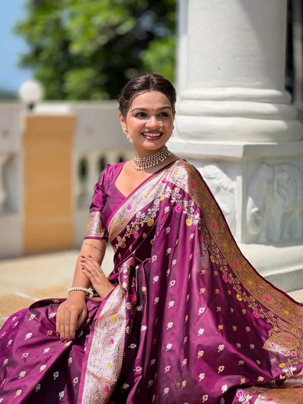 PAITHANI_HOUSE268 New Luxury Banarasi Soft Silk Saree with Rich Meenakari Pallu & Weaving Borde-BANARASI - 7 - WINE