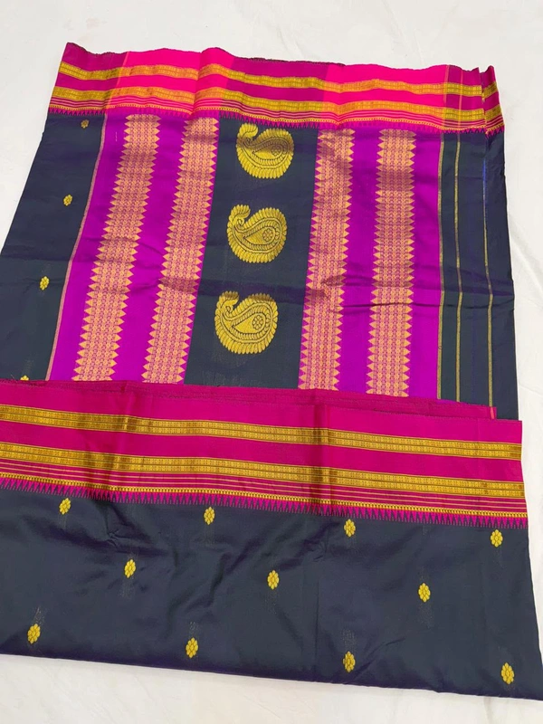 Original Handloom Narayanpeth Silk Saree with Golden Zari Borders - Free, Charcoal Grey