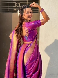 Original Maharashtrian Wedding Nauvari Paithani � 9 Mtr Soft Silk with Rich Muniya Border - FREE, PURPLE
