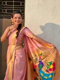 Original Maharashtrian Wedding Nauvari Paithani � 9 Mtr Soft Silk with Rich Muniya Border - FREE, BABY PINK