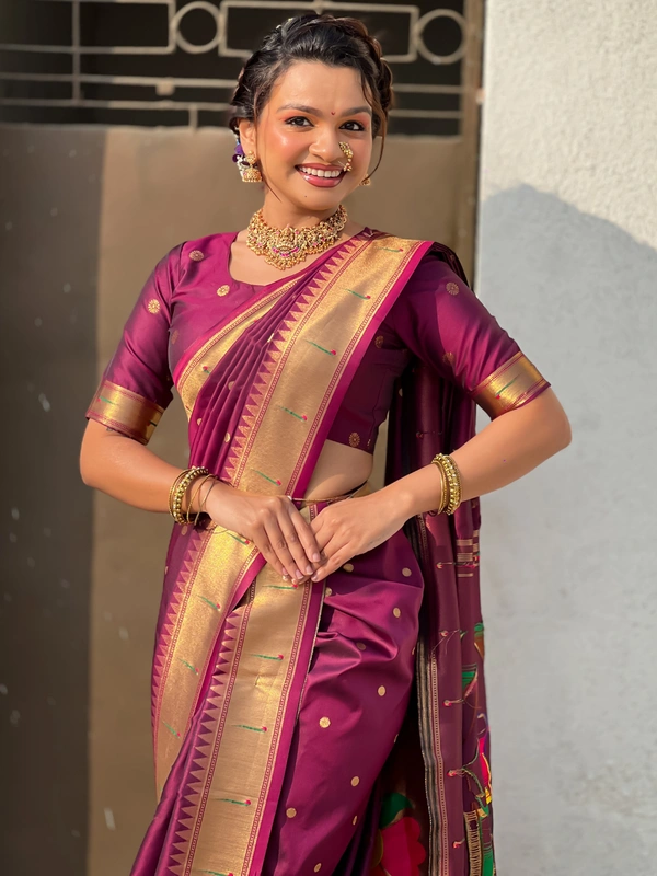 Original Maharashtrian Wedding Nauvari Paithani � 9 Mtr Soft Silk with Rich Muniya Border - FREE, WINE