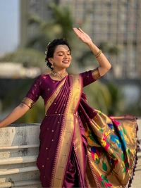 Original Maharashtrian Wedding Nauvari Paithani � 9 Mtr Soft Silk with Rich Muniya Border - FREE, WINE