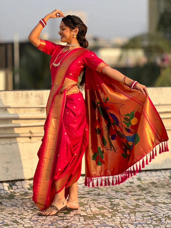 Original Maharashtrian Wedding Nauvari Paithani � 9 Mtr Soft Silk with Rich Muniya Border - FREE, PINK