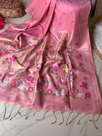 Shanaya Soft Linen Cotton Saree with Zari Woven Muniya Border & Pichwai Art - FREE, Peach
