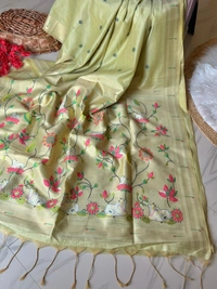 Shanaya Soft Linen Cotton Saree with Zari Woven Muniya Border & Pichwai Art - FREE, Pista Green