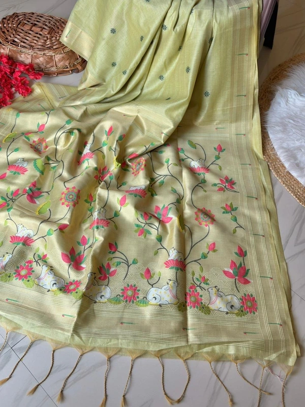 Shanaya Soft Linen Cotton Saree with Zari Woven Muniya Border & Pichwai Art - FREE, Pista Green