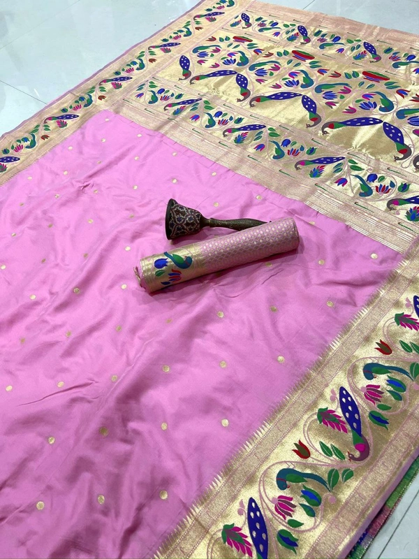 PAITHANI_HOUSE145 Paithani Silk Saree: Traditional Zari Weaving Paithani Saree with Peacock Border & Butti Work | Festive & Wedding Collection - Light Pink