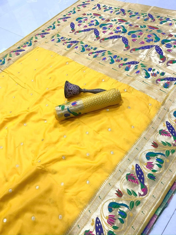 PAITHANI_HOUSE146 Paithani Silk Saree: Traditional Zari Weaving Paithani Saree with Peacock Border & Butti Work | Festive & Wedding Collection - YELLOW