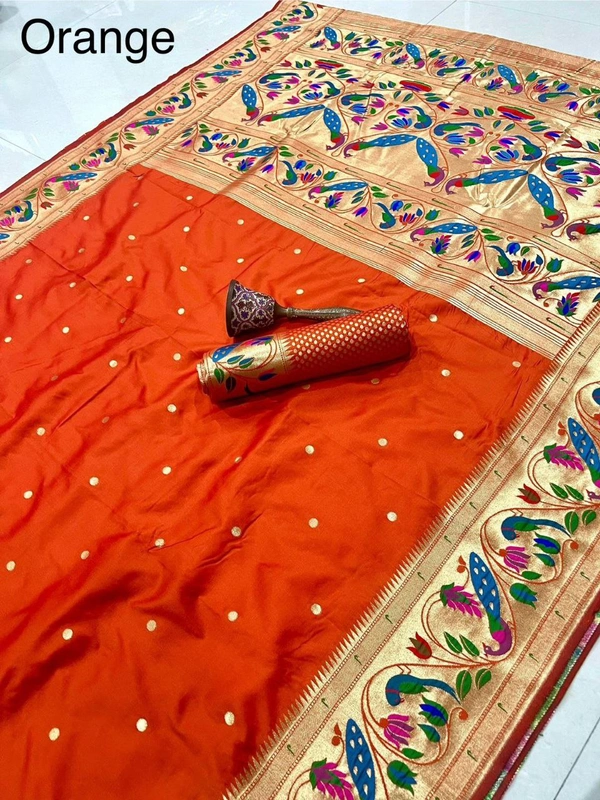 PAITHANI_HOUSE150 Paithani Silk Saree: Traditional Zari Weaving Paithani Saree with Peacock Border & Butti Work | Festive & Wedding Collection - ORANGE