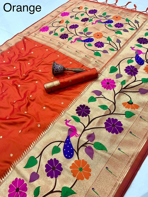 PAITHANI_HOUSE102 Paithani Silk Saree with Peacock & Floral Design - FREE, Orange
