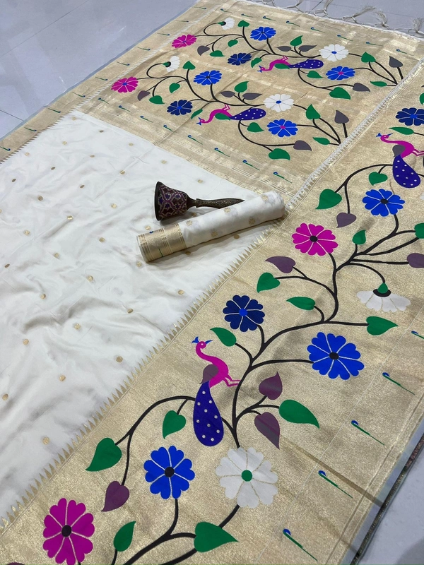 PAITHANI_HOUSE103 Paithani Silk Saree with Peacock & Floral Design - FREE, Off White
