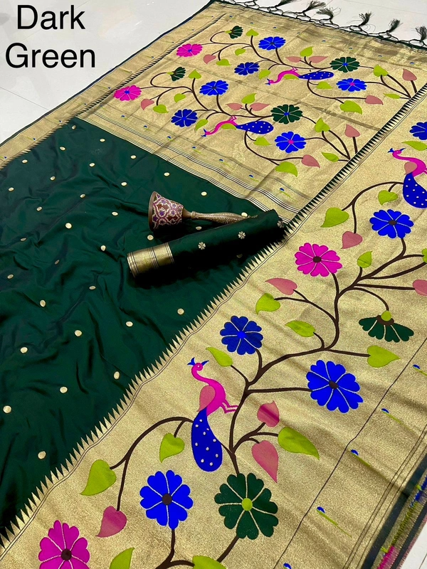 PAITHANI_HOUSE104 Paithani Silk Saree with Peacock & Floral Design - FREE, Dark Green