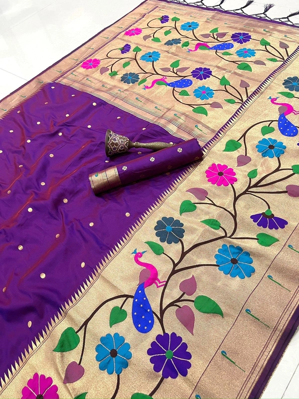 PAITHANI_HOUSE105 Paithani Silk Saree with Peacock & Floral Design - FREE, (Purple)