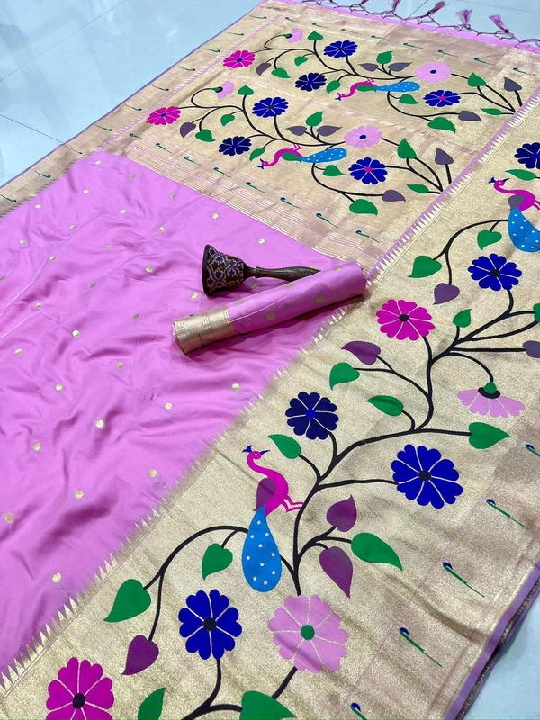 PAITHANI_HOUSE106 Paithani Silk Saree with Peacock & Floral Design - FREE, Light Pink