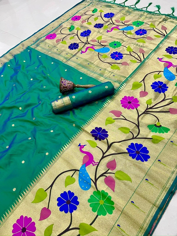 PAITHANI_HOUSE107 Paithani Silk Saree with Peacock & Floral Design - FREE, Teal Blue-Green