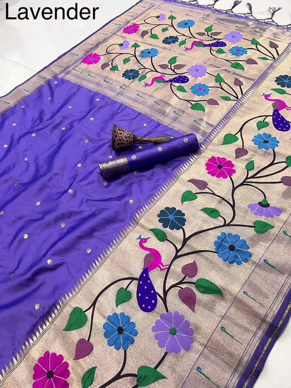 PAITHANI_HOUSE108 Paithani Silk Saree with Peacock & Floral Design - FREE, lavender
