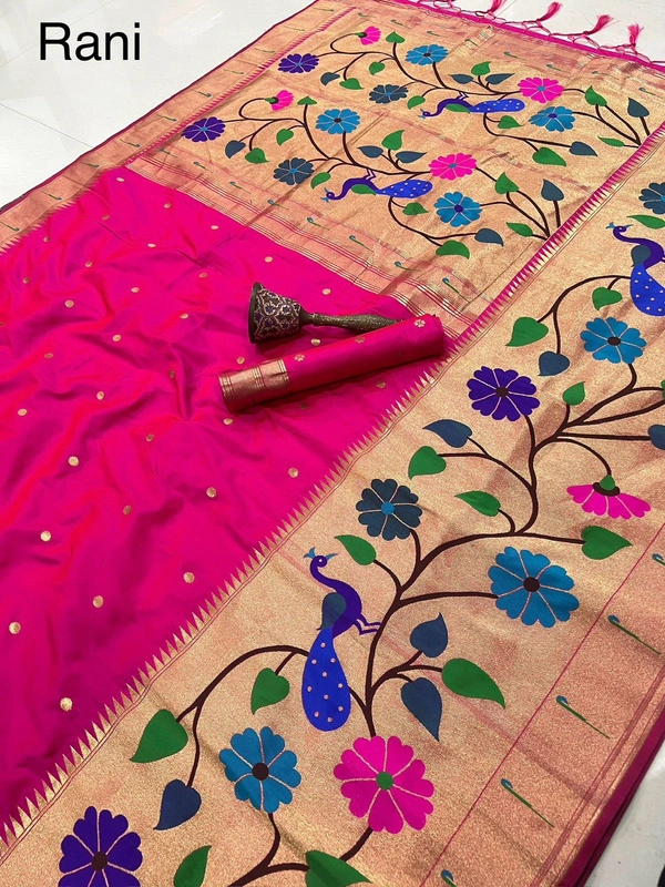 PAITHANI_HOUSE109 Paithani Silk Saree with Peacock & Floral Design - FREE, Rani