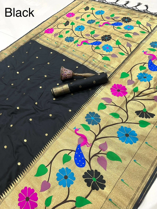 PAITHANI_HOUSE110 Paithani Silk Saree with Peacock & Floral Design - FREE, black