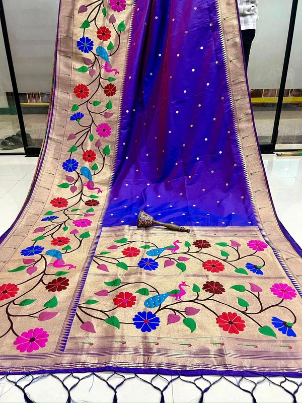PAITHANI_HOUSE111 Paithani Silk Saree with Peacock & Floral Design - FREE, Purple
