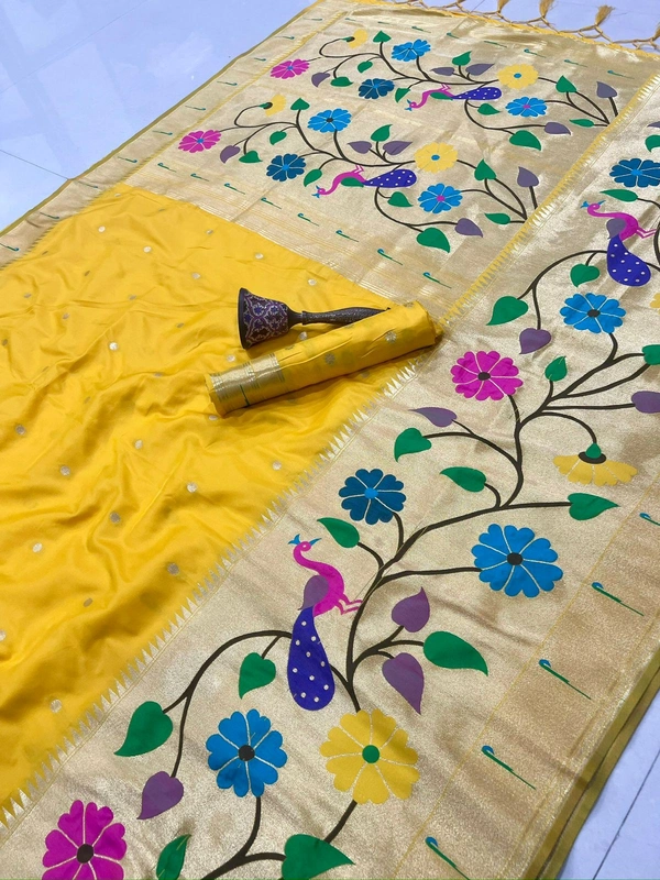PAITHANI_HOUSE112 Paithani Silk Saree with Peacock & Floral Design - FREE, yellow