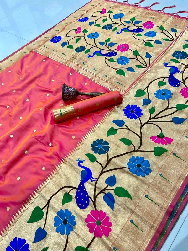 PAITHANI_HOUSE113 Paithani Silk Saree with Peacock & Floral Design - FREE, 2 TON