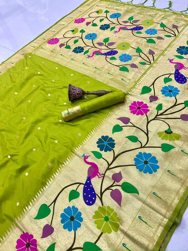 PAITHANI_HOUSE114 Paithani Silk Saree with Peacock & Floral Design - FREE, Light Green