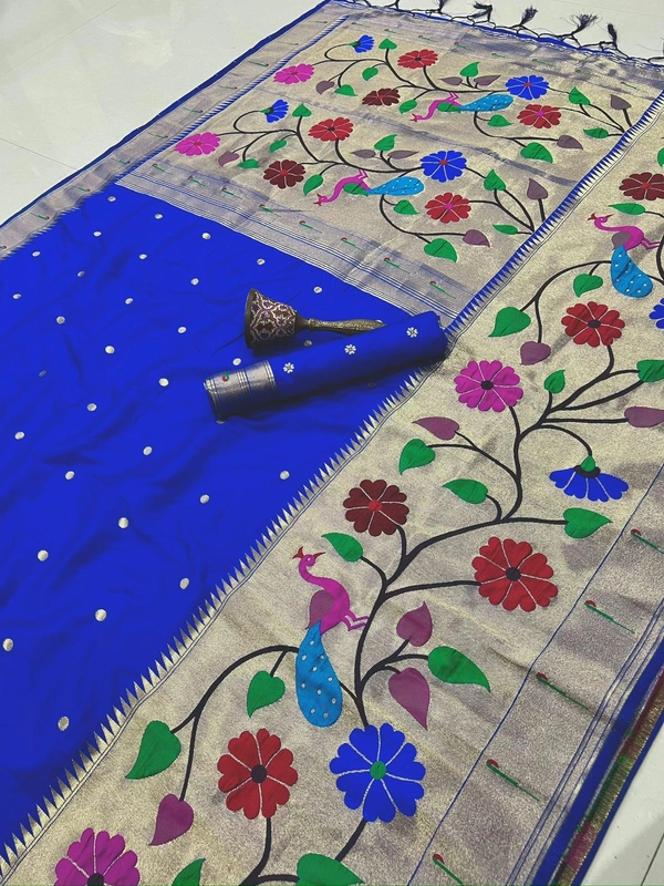 PAITHANI_HOUSE115 Paithani Silk Saree with Peacock & Floral Design - FREE, Blue