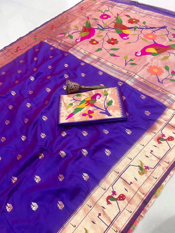 PAITHANI_HOUSE48 Paithani Style Parrot Peacock Motif Zari Butti Saree - FREE, Bright Purple