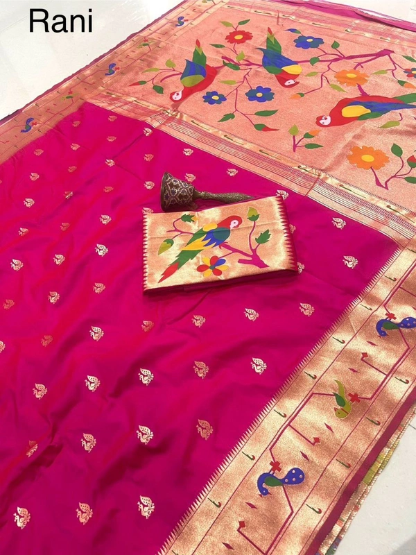 PAITHANI_HOUSE49 Paithani Style Parrot Peacock Motif Zari Butti Saree - FREE, Rani
