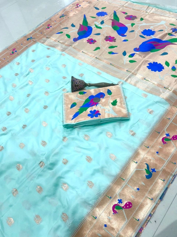 PAITHANI_HOUSE50 Paithani Style Parrot Peacock Motif Zari Butti Saree - FREE, Mint Green