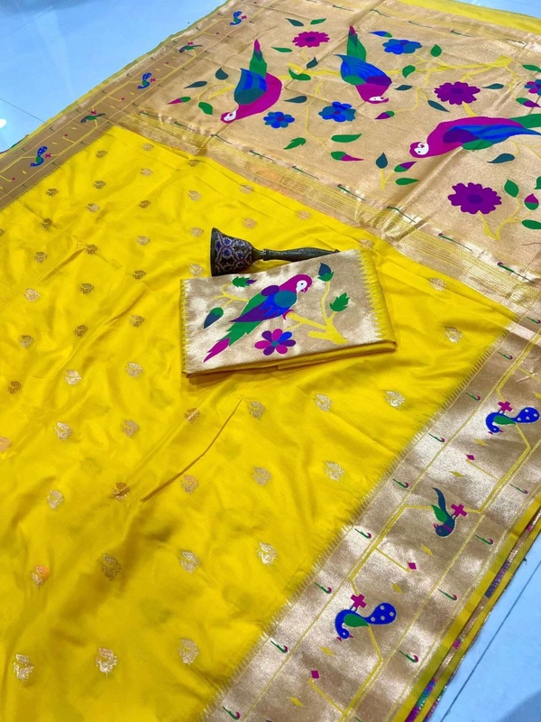 PAITHANI_HOUSE51 Paithani Style Parrot Peacock Motif Zari Butti Saree - FREE, Yellow