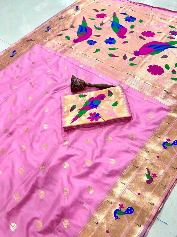 PAITHANI_HOUSE52 Paithani Style Parrot Peacock Motif Zari Butti Saree - FREE, Baby Pink