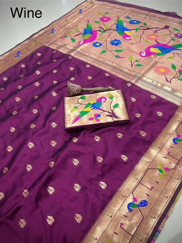 PAITHANI_HOUSE53 Paithani Style Parrot Peacock Motif Zari Butti Saree - FREE, Wine