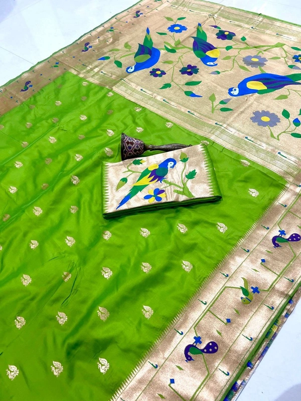 PAITHANI_HOUSE54 Paithani Style Parrot Peacock Motif Zari Butti Saree - FREE, Parrot Green