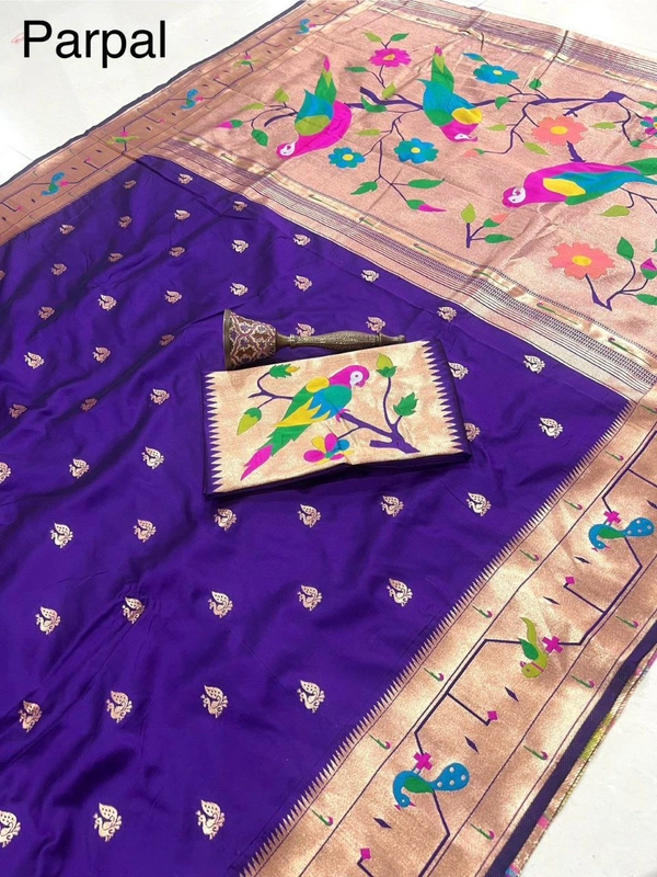 PAITHANI_HOUSE55 Paithani Style Parrot Peacock Motif Zari Butti Saree - FREE, purple