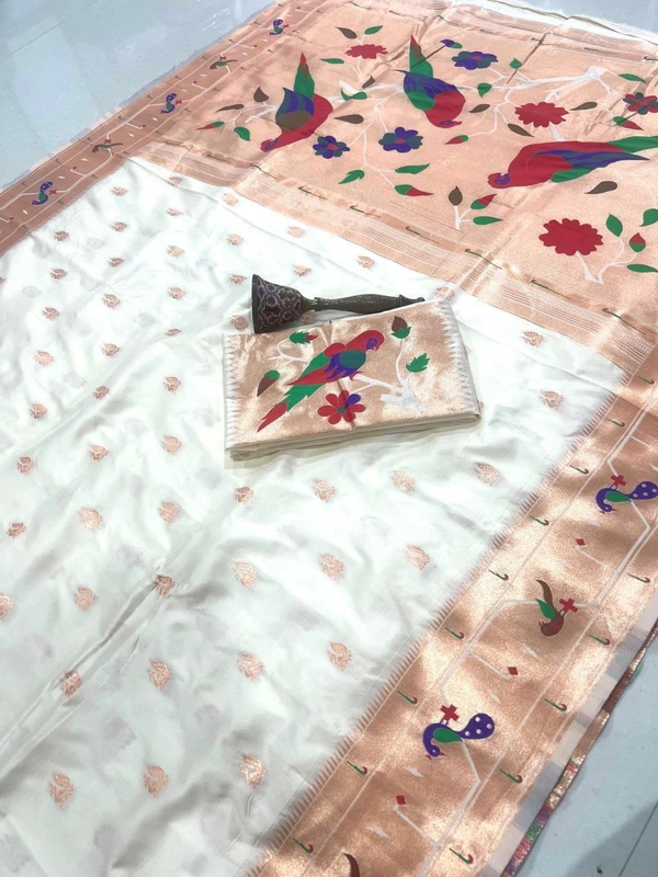 PAITHANI_HOUSE56 Paithani Style Parrot Peacock Motif Zari Butti Saree - FREE, Off white