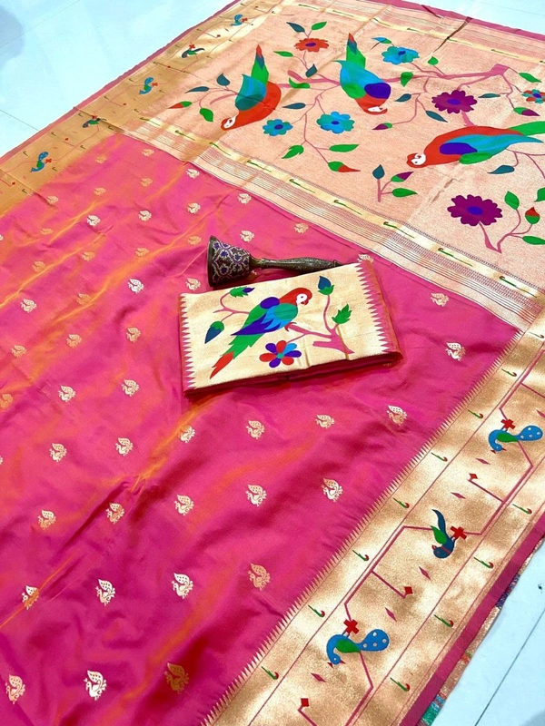 PAITHANI_HOUSE57 Paithani Style Parrot Peacock Motif Zari Butti Saree - FREE, Two Ton