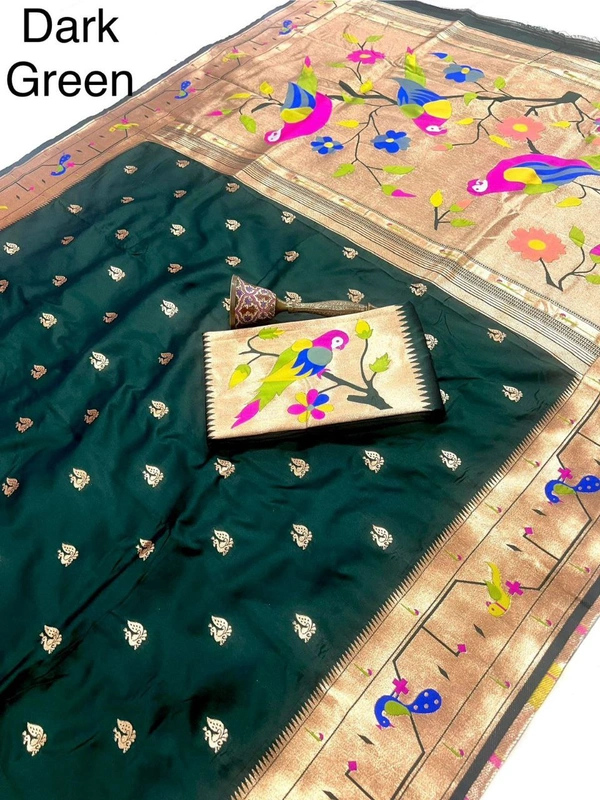 PAITHANI_HOUSE58 Paithani Style Parrot Peacock Motif Zari Butti Saree - FREE, Dark green