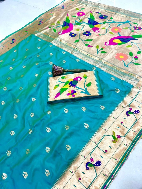 PAITHANI_HOUSE59 Paithani Style Parrot Peacock Motif Zari Butti Saree - FREE, Firozi