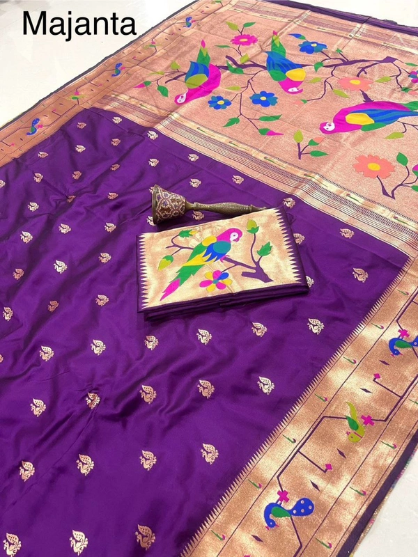 PAITHANI_HOUSE60 Paithani Style Parrot Peacock Motif Zari Butti Saree - FREE, Magenta