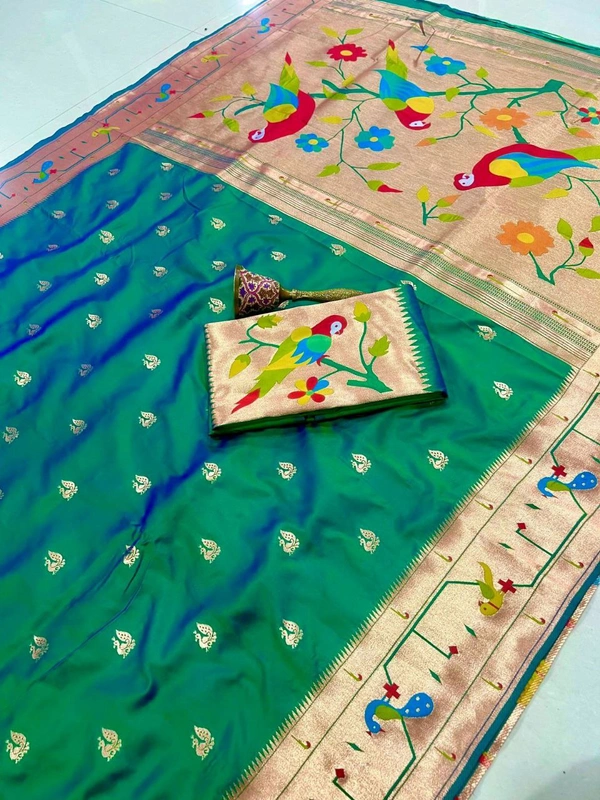 PAITHANI_HOUSE61 Paithani Style Parrot Peacock Motif Zari Butti Saree - FREE, Peacock Green
