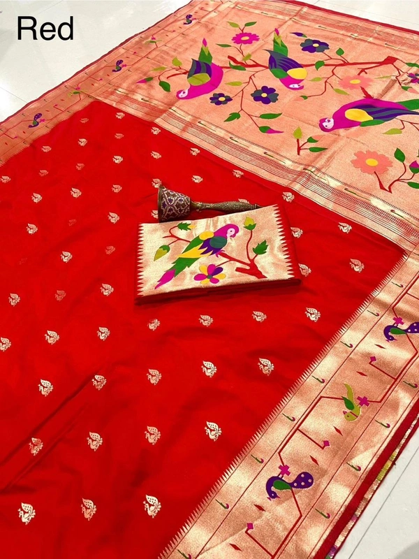 PAITHANI_HOUSE62 Paithani Style Parrot Peacock Motif Zari Butti Saree - FREE, Red
