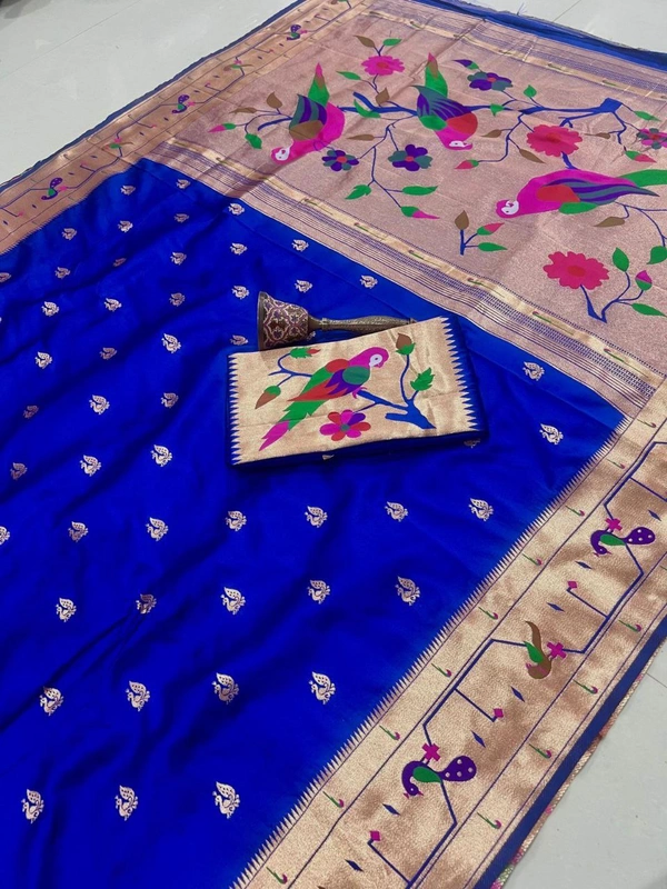 PAITHANI_HOUSE63 Paithani Style Parrot Peacock Motif Zari Butti Saree - FREE, Royal Blue