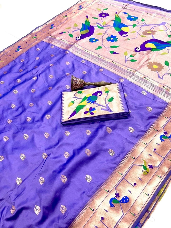 PAITHANI_HOUSE64 Paithani Style Parrot Peacock Motif Zari Butti Saree - FREE, Lavender