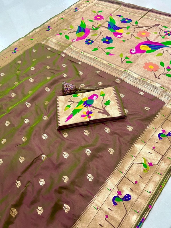 PAITHANI_HOUSE65 Paithani Style Parrot Peacock Motif Zari Butti Saree - FREE, Brown