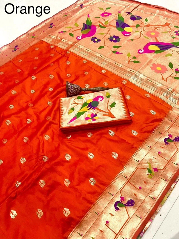 PAITHANI_HOUSE66 Paithani Style Parrot Peacock Motif Zari Butti Saree - FREE, Orange