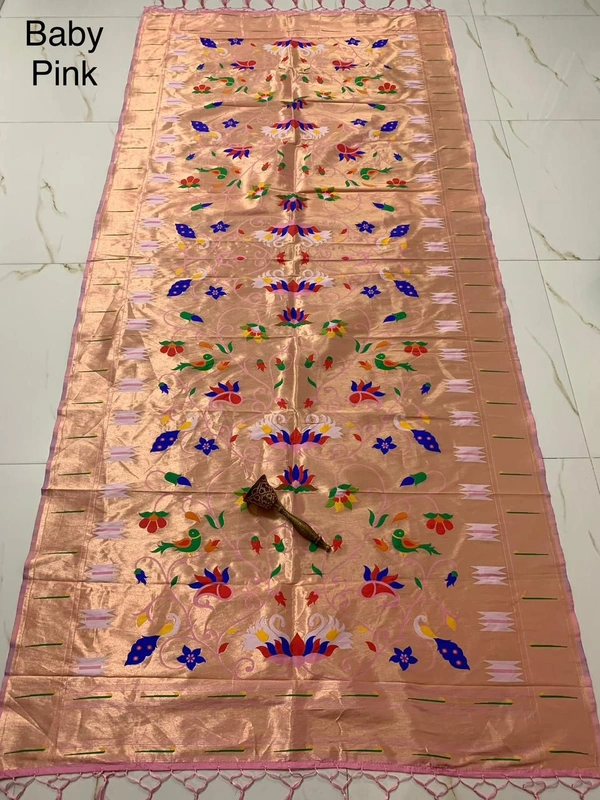Pastel Baby Pink Soft Silk Paithani Dupatta with Elegant Gold Tissue Peacock & Lotus - 2.5mt, Baby
