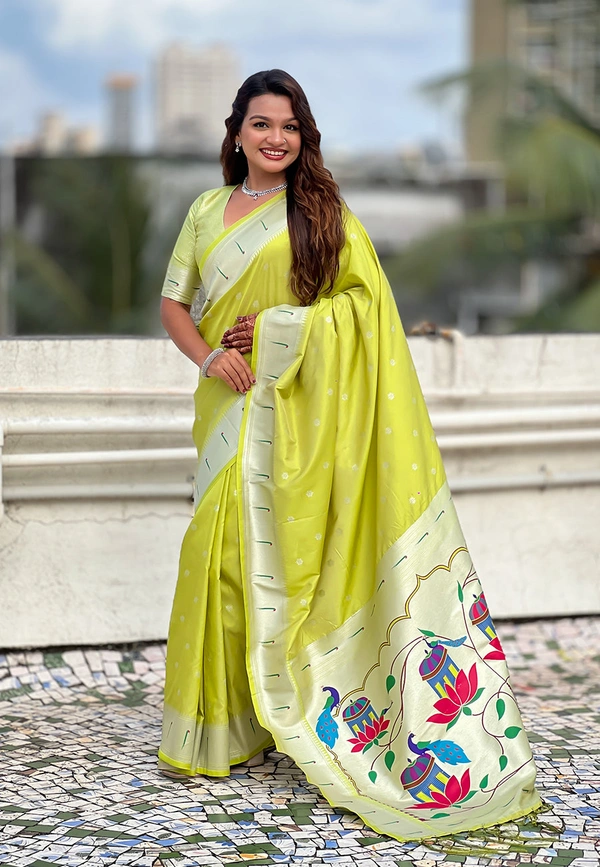 Pastel Paithani Saree with Silver Zari Weaving & Peacock Meenakari Pallu